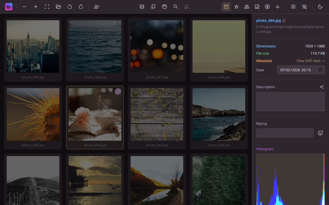 Info panel showing EXIF metadata and image details